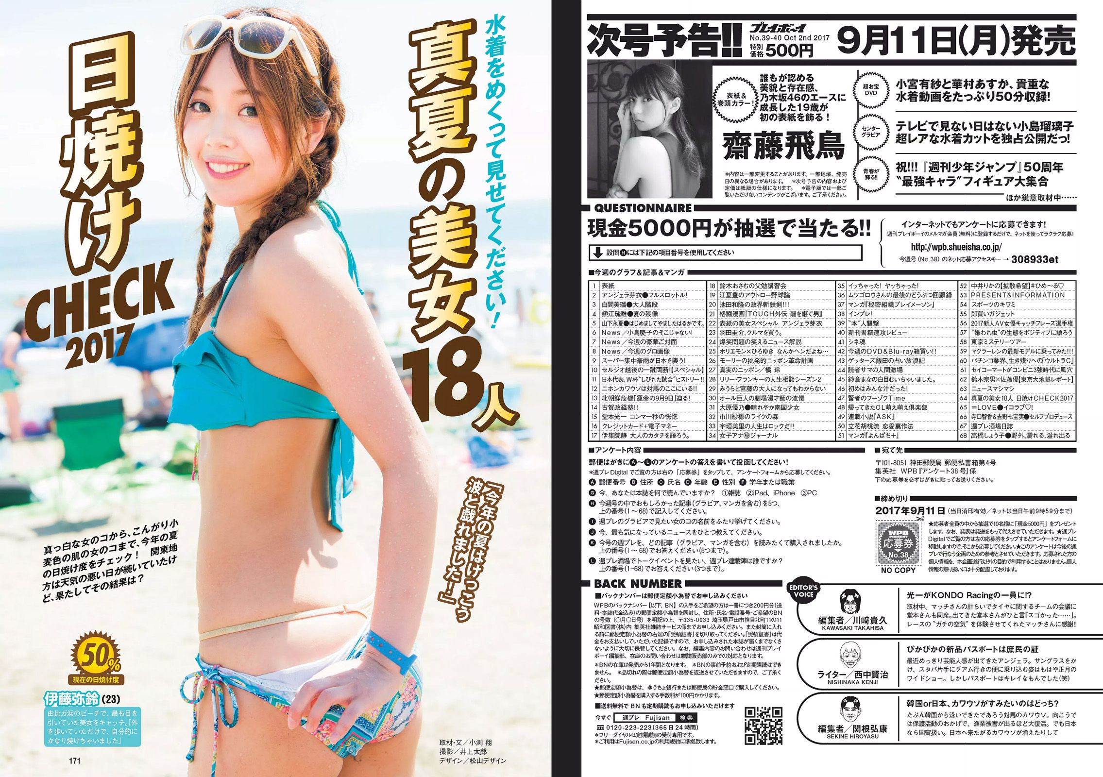 アンジェラ芽衣 白間美瑠 熊江琉唯 山下永夏 大原優乃 [Weekly Playboy] 2017年No.38 写真杂志