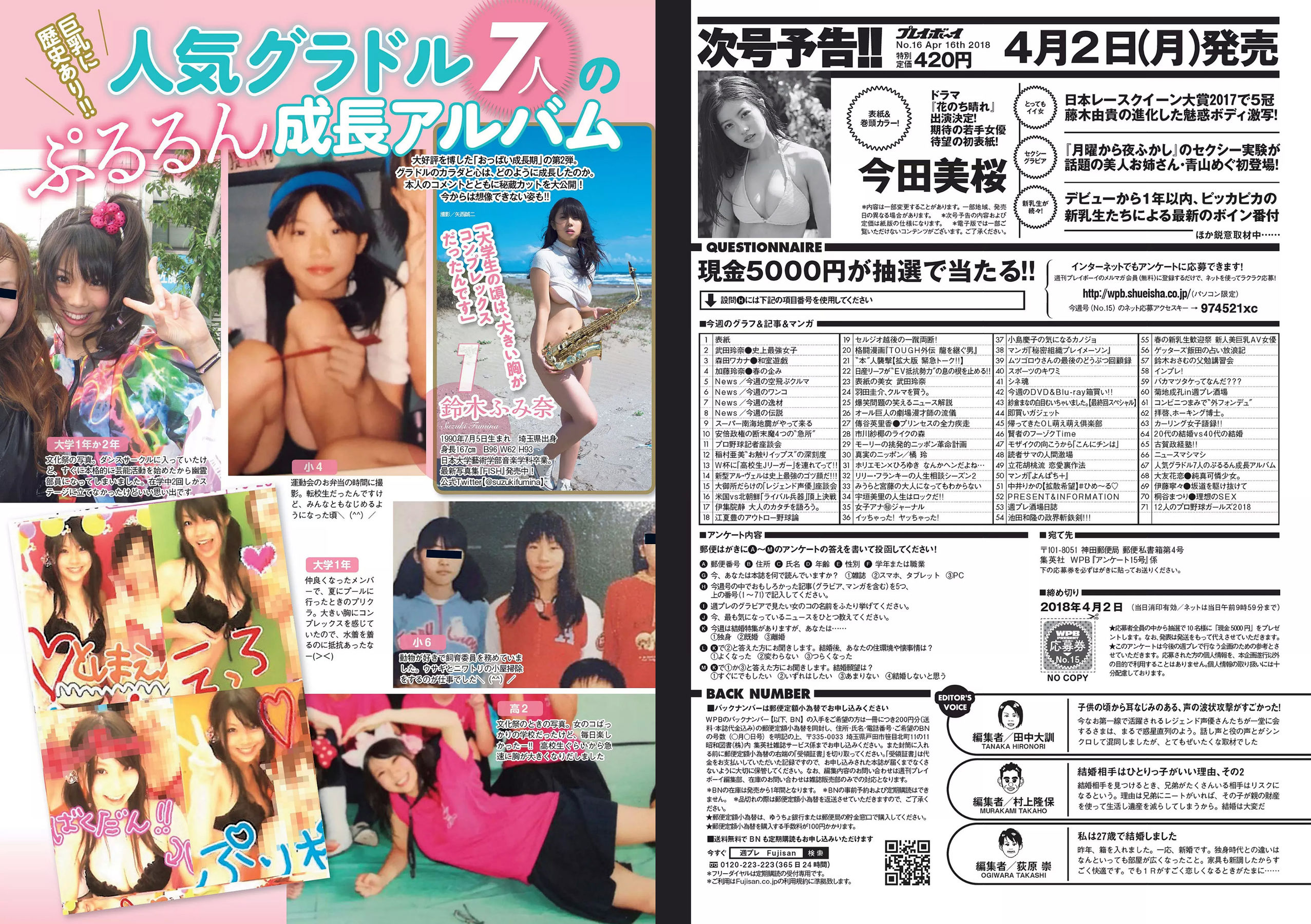武田玲奈 森田ワカナ 加藤玲奈 傳谷英里香 大友花恋 伊藤寧々 桐谷まつり [Weekly Playboy] 2018年No.15 写真杂志