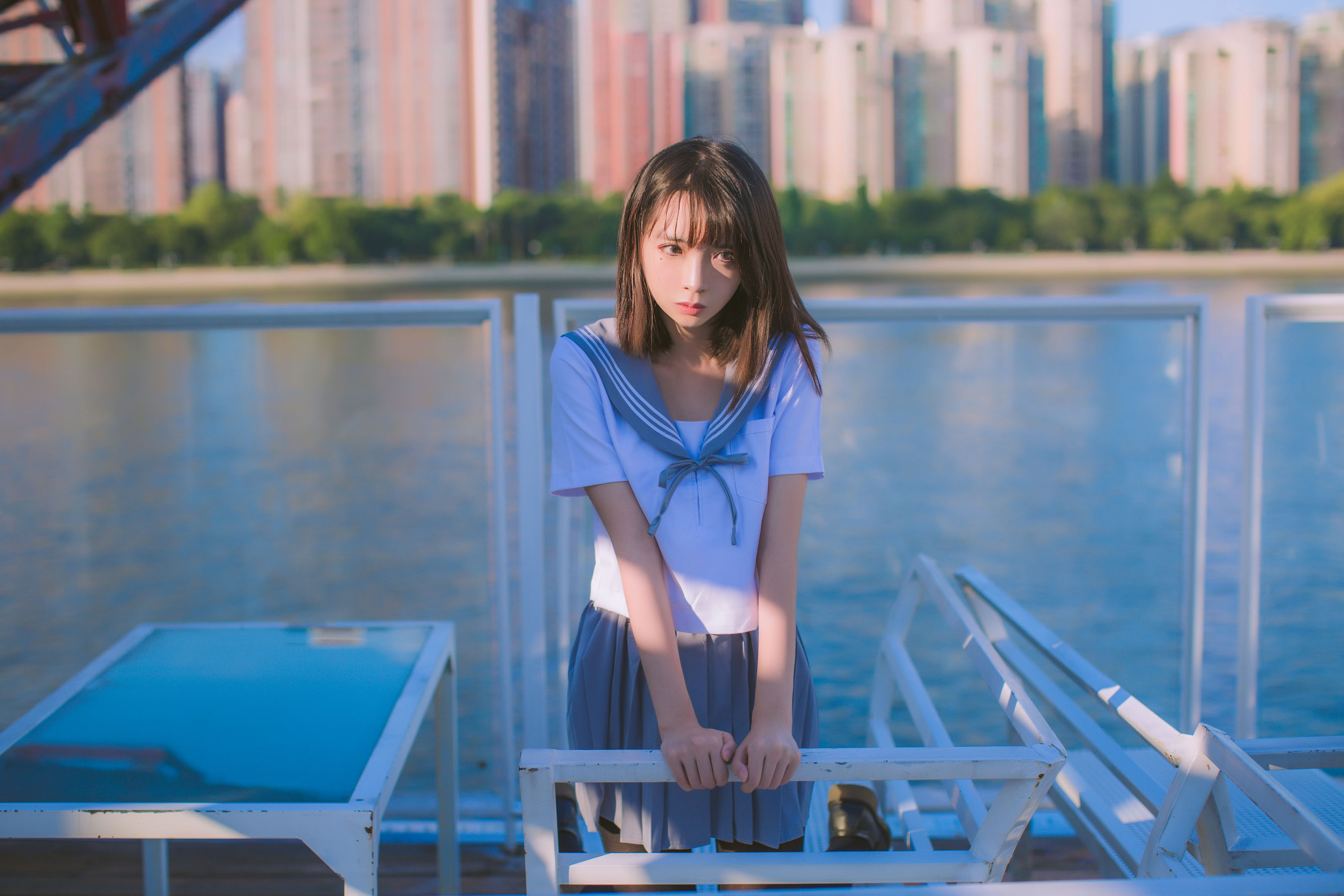 疯猫ss 海边蓝白水手服