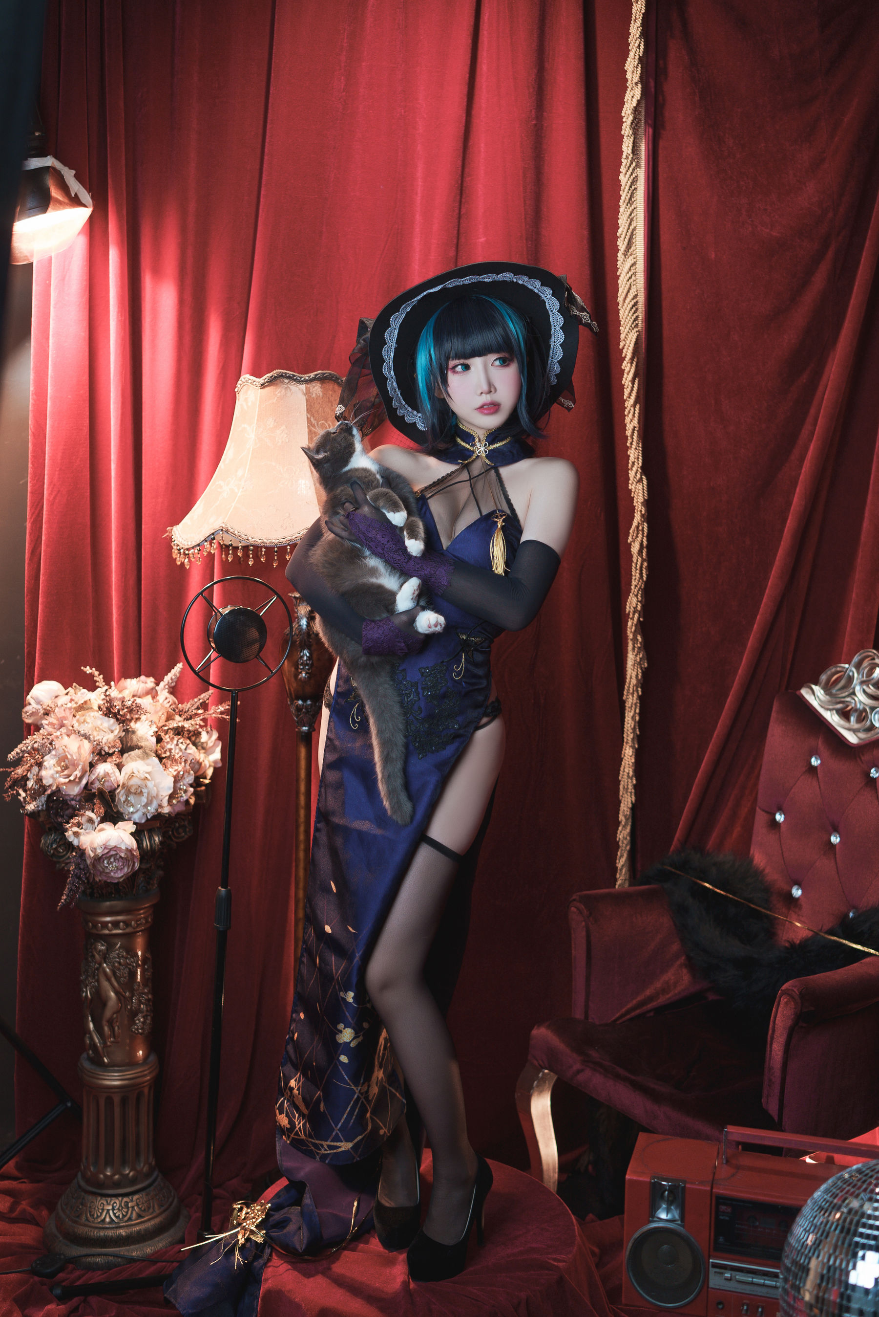 [福利COS] 可爱人气Coser面饼仙儿 - 柴郡旗袍