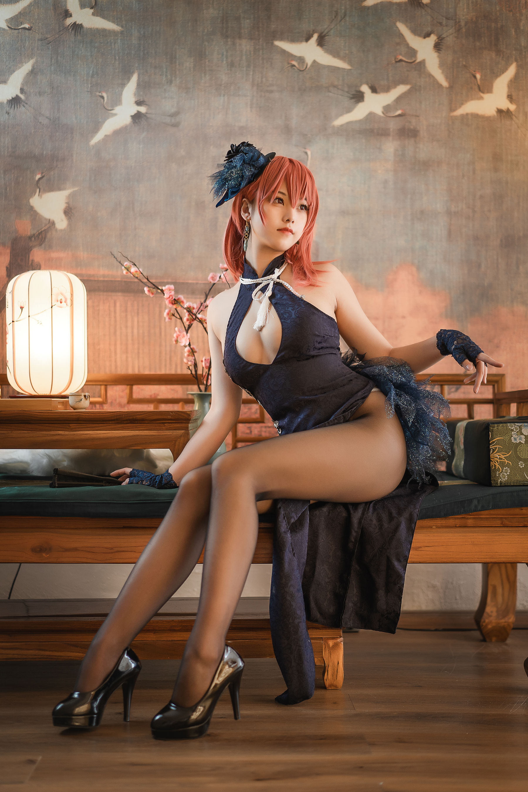 [福利COS] 萌系小姐姐蜜汁猫裘 - 黑太子旗袍